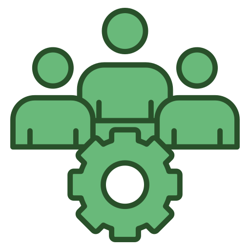 Trois personnes colorées en vert. Une roue crantée est affichée en bas de ces personnes.