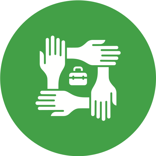 4 mains blanches forment un carré. Au milieu se trouve une valise blanche. Le fond est vert.