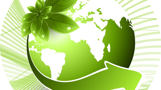 Une planète dessinée en vert. Une flèche verte fait le tour de la planète et va vers le haut. Une plante pousse en haut de la planète Terre.