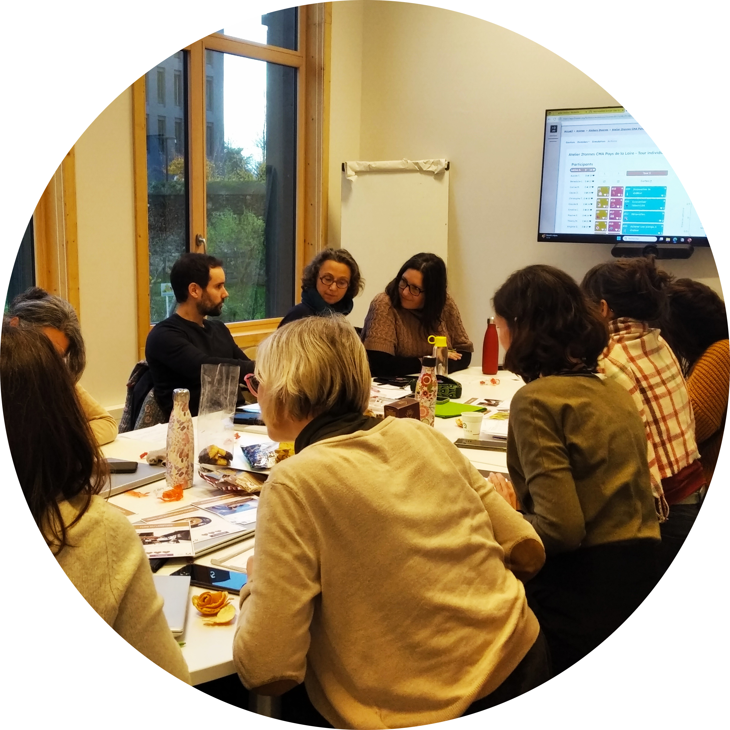 Un groupe de 11 salariés est assis autour d'un table. Un écran affiche des diagramme. Les personnes discutent entre eux et regardent des cartes. Ils sont dans une salle de réunion.