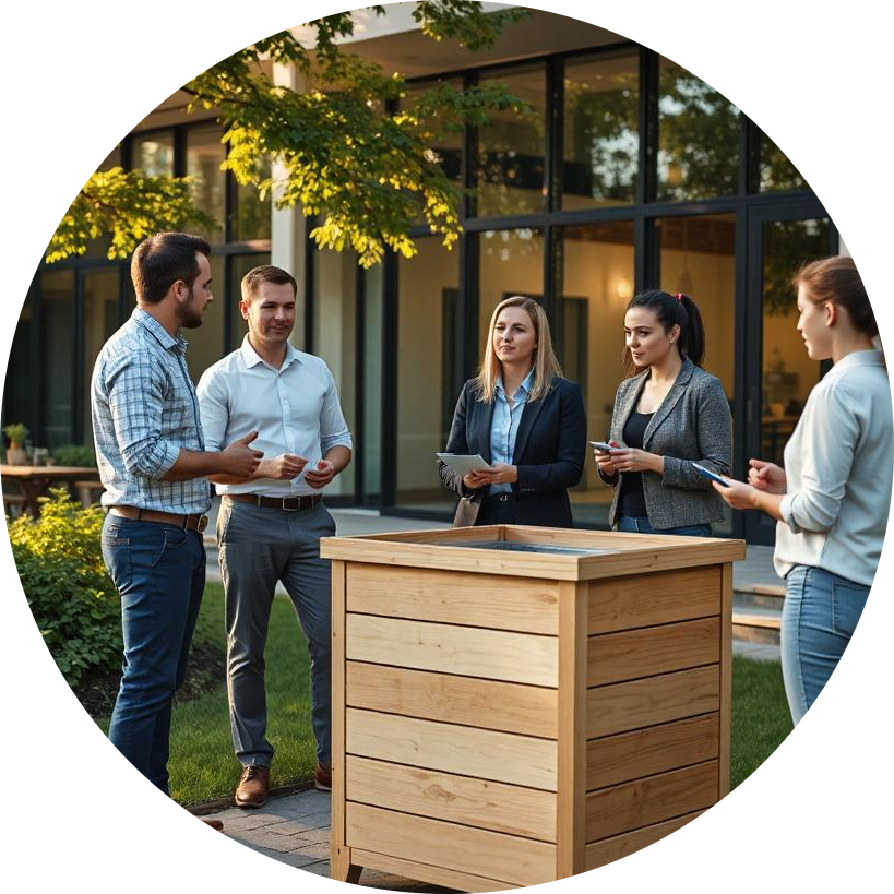 Trois femmes et deux hommes échanges sur la valorisation des biodéchets autour d'une poubelle en bois. Ils sont dehors, au pied d'un immeuble. Ils sont en tenu de travail.